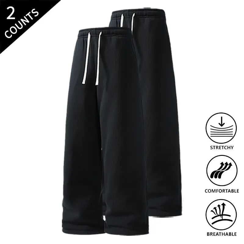 Men’s 2-Pack Baggy Sweatpants - Mid-Waist Plain Casual Straight-Leg Menswear Pants with Drawstring Waist, Comfortable, Stretchable, Breathable, Ideal for Loungewear, Travel