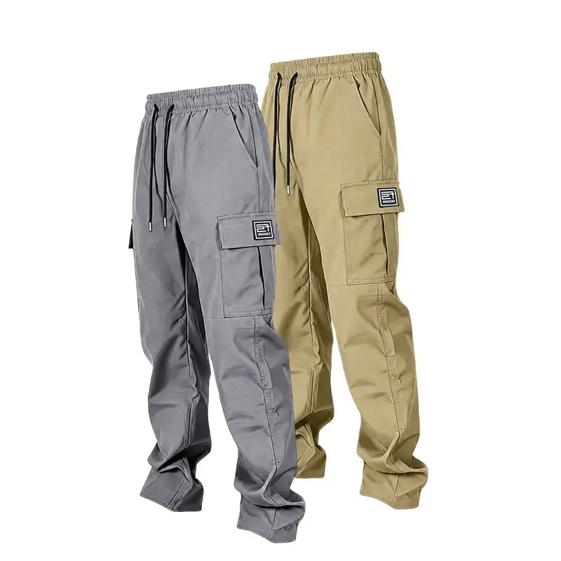Men’s solid color tactical cargo pants — durable outdoor training pants with sport pockets; suitable for all seasons; casual streetwear pants.