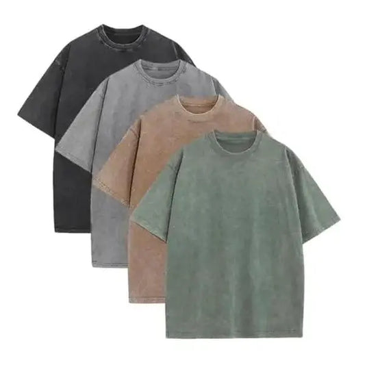 Men's 4-Pack Baggy Oversized Heavyweight Acid Wash Cotton Short-Sleeve Classic Crew Neck Tees - Loose-Fit, Breathable Cotton Keeps Workouts Cool, Built for Gym Street Lounge, Easy-Care Tops (Black, Coffee, Grey)