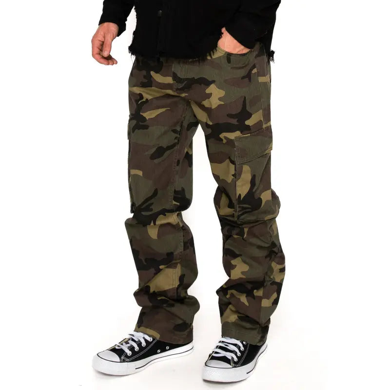 VICTORIOUS OUTLAW Men's  Baggy Cargo Pants, Woodland Camo Print All-Season Streetwear Trousers, Classic, Mens Clothing, Baggy Camouflage Men's Pants, Camo Style Men's Pants