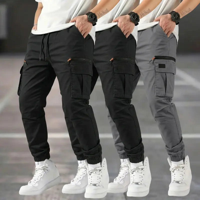 Men’s 3-Pack Polyester Cargo Pants - American Casual Straight-Leg Tapered Long Tactical Work Pants, Outdoor-Ready Fit with Zipper Pockets, All Seasons Basic Look for Commuting, Holiday Gift for Outdoor Enthusiasts