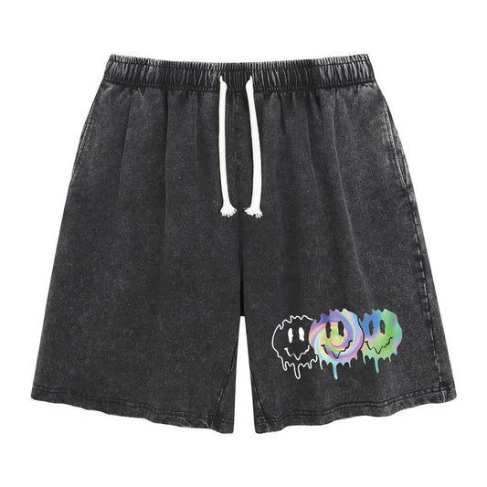 Holafish Heavyweight Cotton Retro Acid Wash Shorts, Trippy Melting Smiley Face Graphic Printed Unisex Streetwear Casual Shorts for Summer Outdoor Daily Wear, 2026 New Color