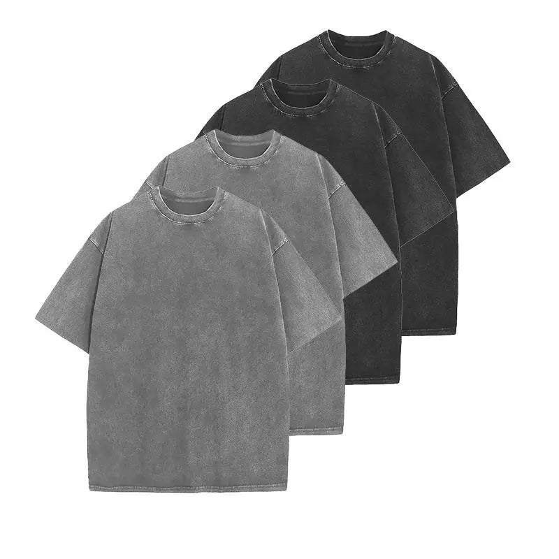 Men's 4-Pack Baggy Oversized Heavyweight Acid Wash Cotton Short-Sleeve Classic Crew Neck Tees - Loose-Fit, Breathable Cotton Keeps Workouts Cool, Built for Gym Street Lounge, Easy-Care Tops (Black, Coffee, Grey)