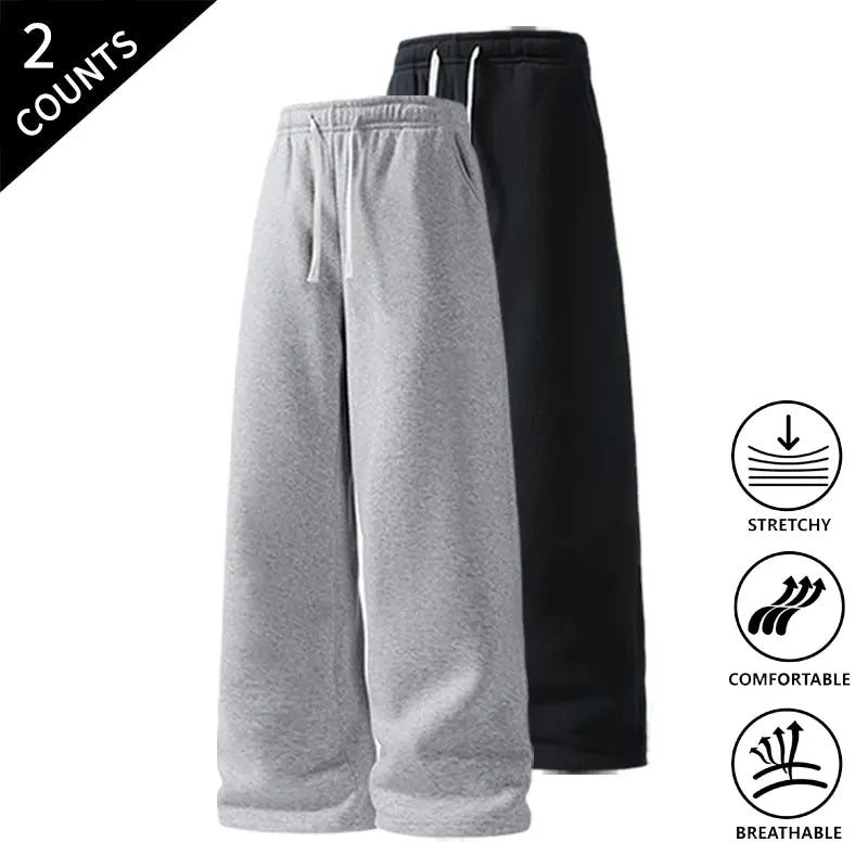 Men’s 2-Pack Baggy Sweatpants - Mid-Waist Plain Casual Straight-Leg Menswear Pants with Drawstring Waist, Comfortable, Stretchable, Breathable, Ideal for Loungewear, Travel