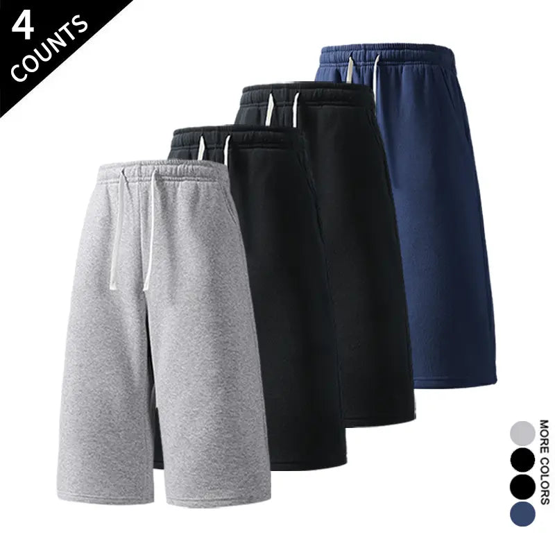 Men's 4-Pack 7-In Wide Leg Sweat Shorts - Elastic Waist, Drawstring, Deep Side Pockets, Sporty Chic Streetwear Shorts, Loose Fit Sweat Jorts, Easy Go-To for Casual Weekends, Ready for Gym, Errands, Travel (Light Gray, Black, Blush Pink, Dark Gray)