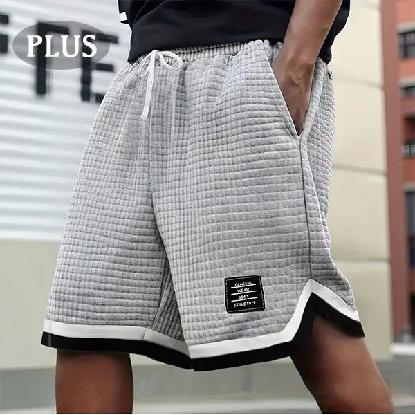 Men’s Plus-Size Knitted Waffle Shorts - Menswear Bottoms with Elastic Drawstring Waist, Stretchy Breathable Soft Fabric, Plain Gray Plus Size Clothes Clothing for Summer Casual Driving OOTD
