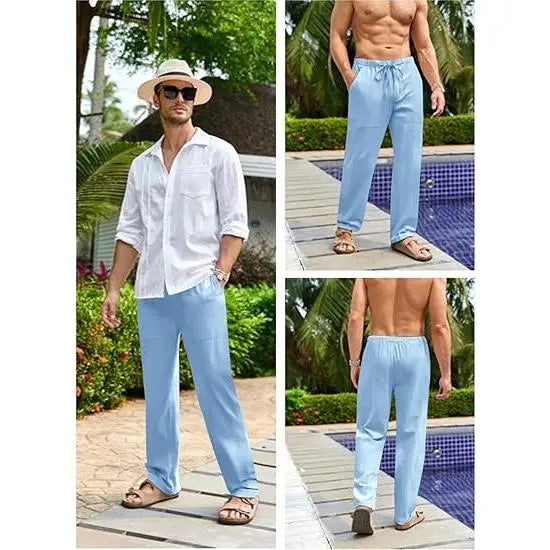 Runcati Men's Cotton Pants Yoga Beach Loose Summer Elastic Waist Drawstring Loose Pants with Pocket