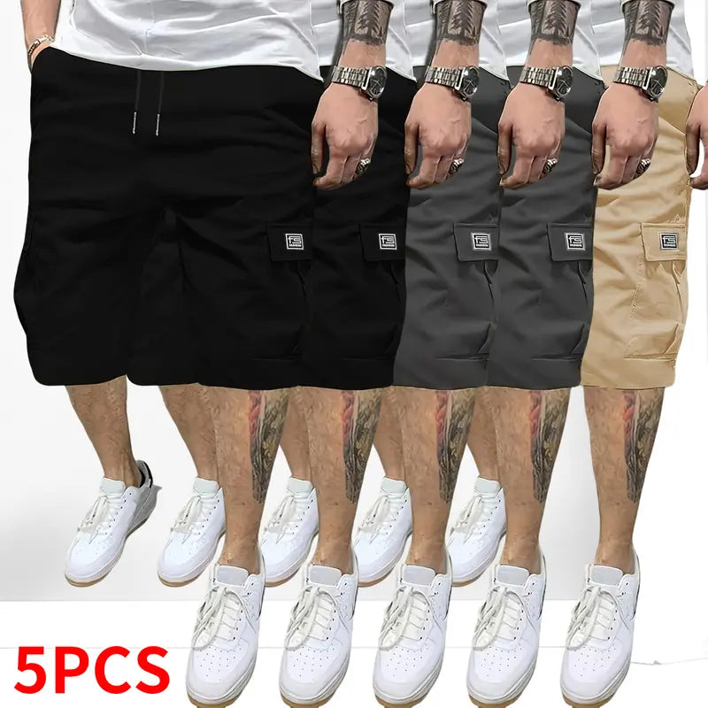 Men’s 5-Piece Extra Baggy Cargo Shorts Set - Men's Bottoms Activewear, Adjustable Drawstring Mid-Waist, Casual Chic Woven, Multi-Pocket, 4-Way Stretch, Cold Wash, Straight Cut, Summer Loose Jorts, Ideal for Camping, Father's Day Gifts, Extra Baggy Men's S