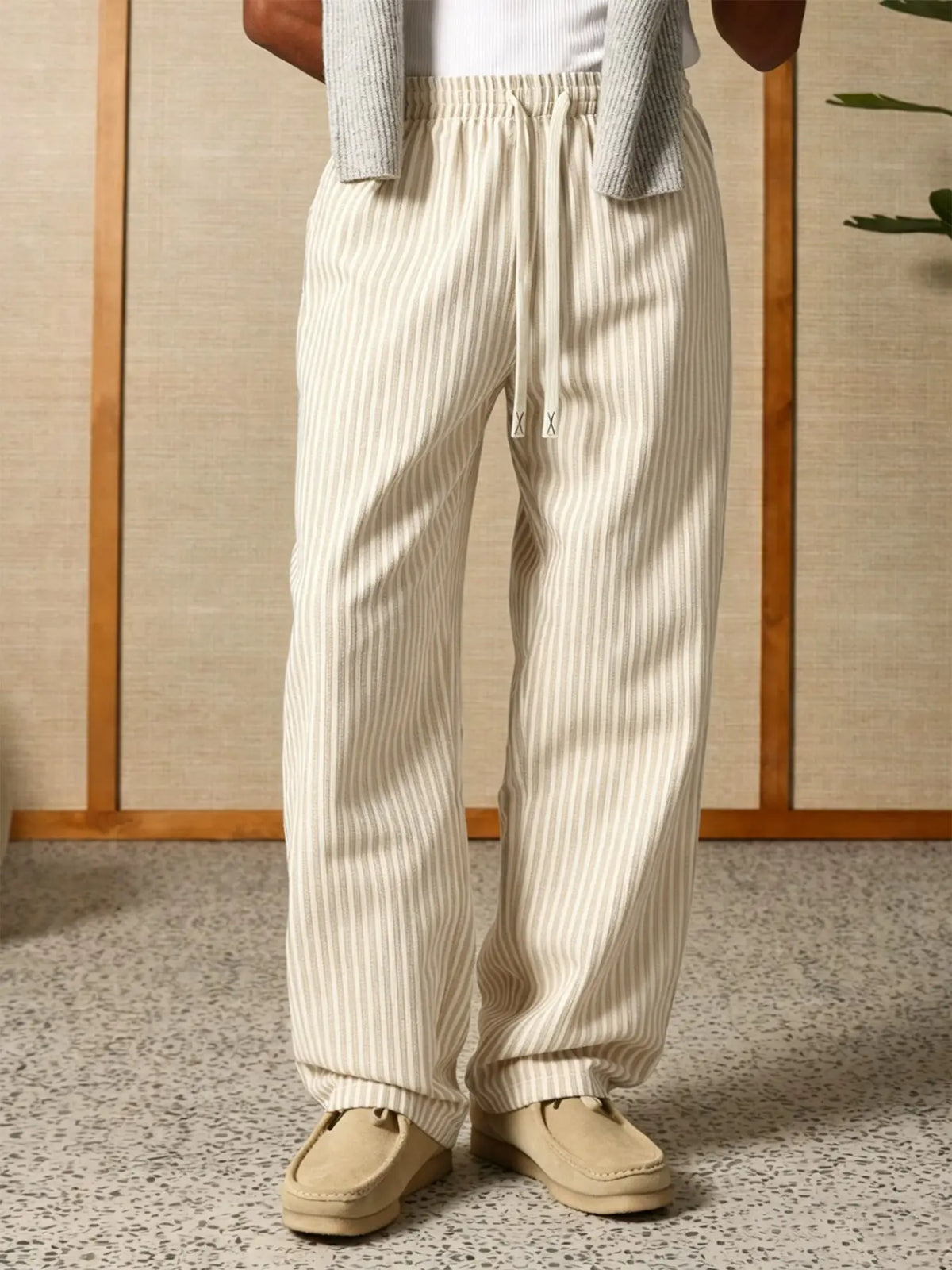 Men's Casual Striped Pants Breathable Cotton Linen Drawstring Elastic Waist Straight Leg Trousers For Men Lounge Work Outdoor