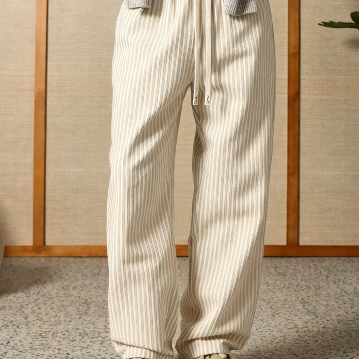 Men's Casual Striped Pants Breathable Cotton Linen Drawstring Elastic Waist Straight Leg Trousers For Men Lounge Work Outdoor