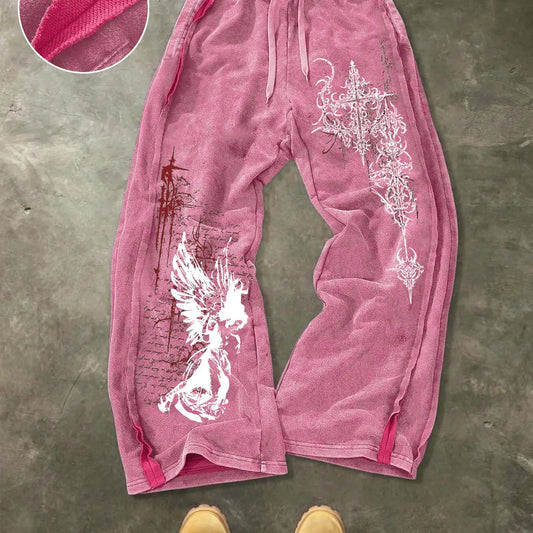 Men's Washed Cotton Sweatpants with Gothic Print, Contrast Side Stitching Detail, Comfortable Casual Pants for Daily Wear & Lounging