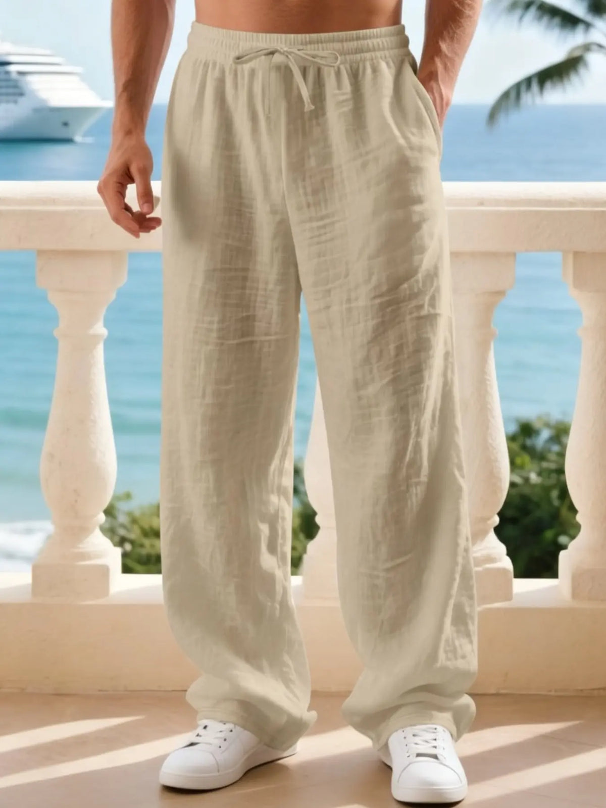Men's Linen Casual Straight Leg Pants, Breathable Comfortable Fashion Long Trousers, Casual Beach Pants Perfect for Outdoor Travel Vacation Daily Wear, Casual Fit Comfy