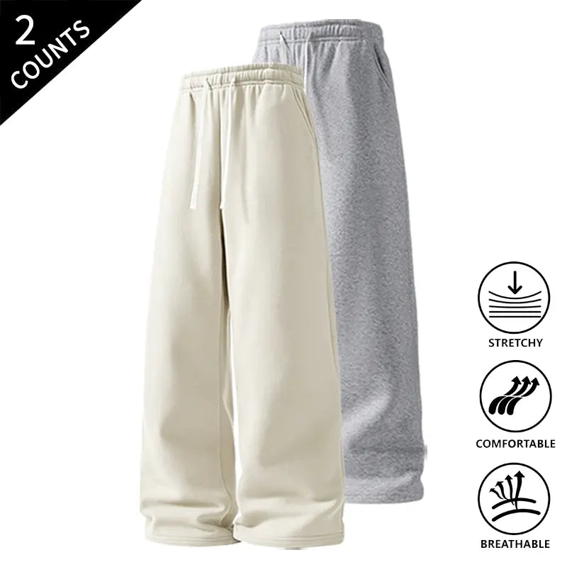 Men’s 2-Pack Baggy Sweatpants - Mid-Waist Plain Casual Straight-Leg Menswear Pants with Drawstring Waist, Comfortable, Stretchable, Breathable, Ideal for Loungewear, Travel