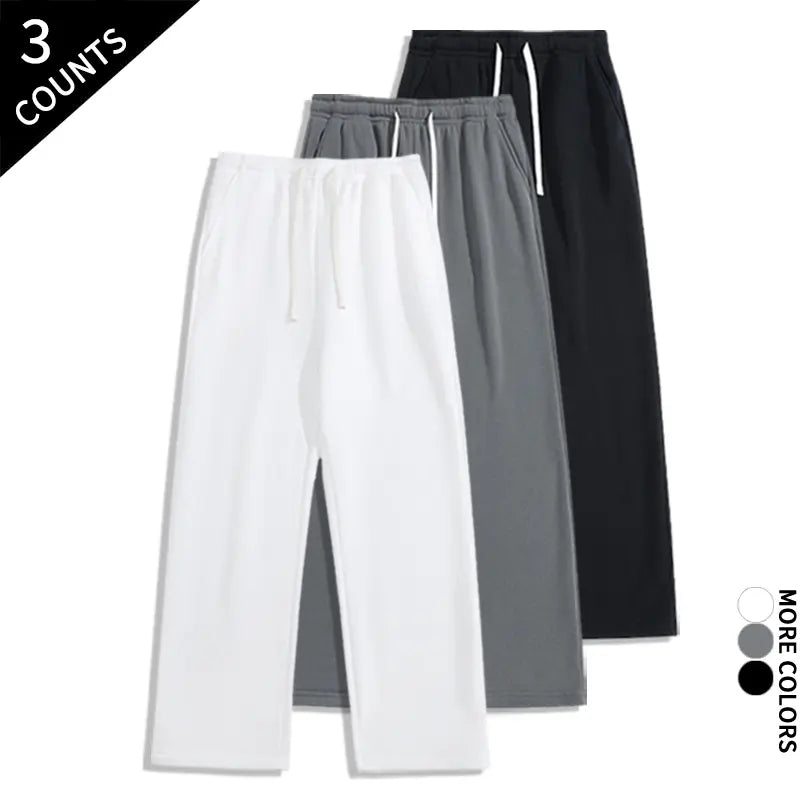 Men's 3-Pack Wide-Leg Athleisure Sweatpants - Soft Polyester Stretch Fabric, Drawstring Elastic Waist, Loose-Fit Full Length, Wide-Leg Street Fit for Daily Workout, Outdoors