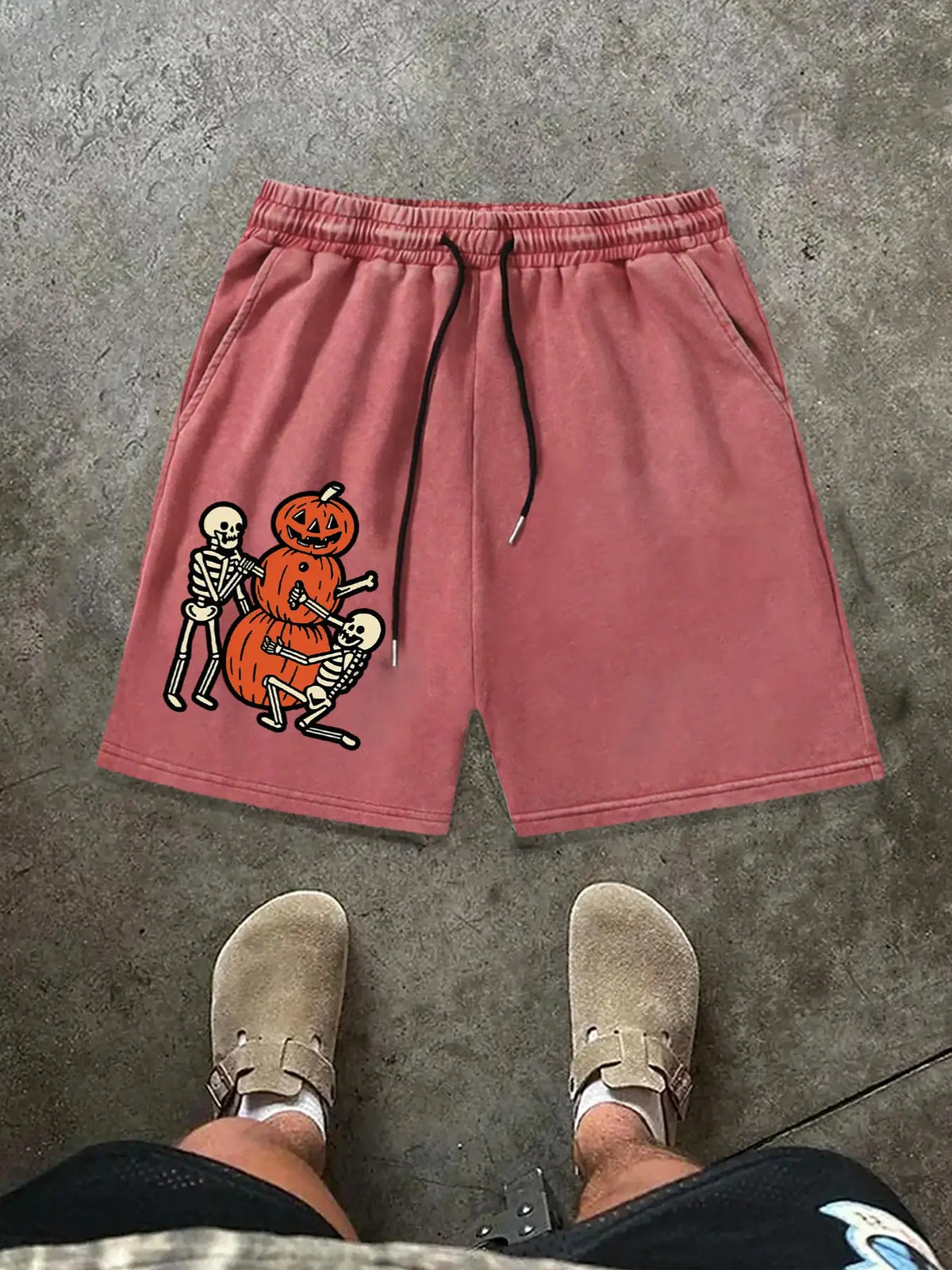 Men's Summer Halloween Pumpkin Skull Print Graphic Shorts, Casual Fitted Cotton Short Pants with Drawstring Waistband, Perfect Gift for Boyfriend