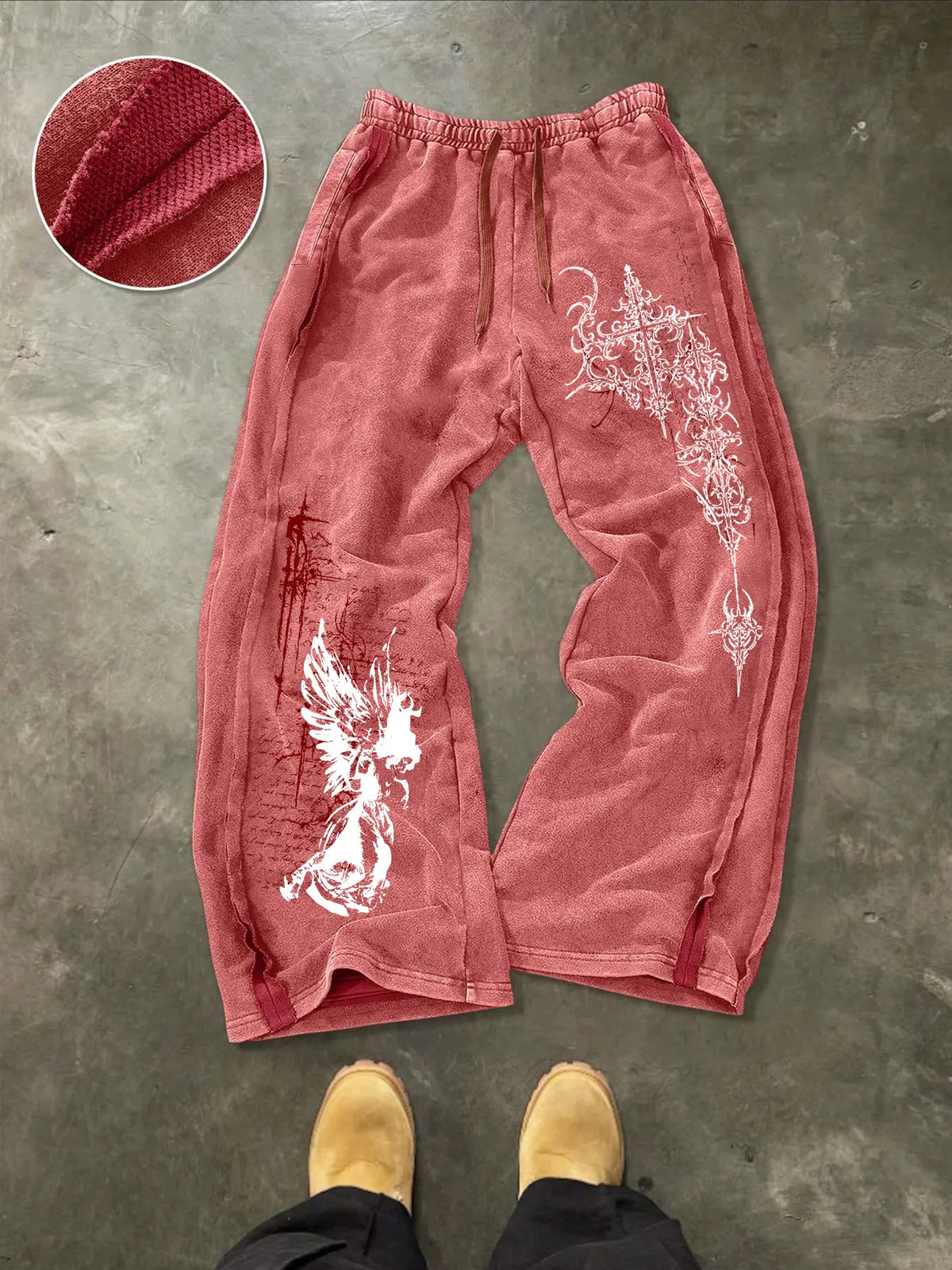 Men's Washed Cotton Sweatpants with Gothic Print, Contrast Side Stitching Detail, Comfortable Casual Pants for Daily Wear & Lounging