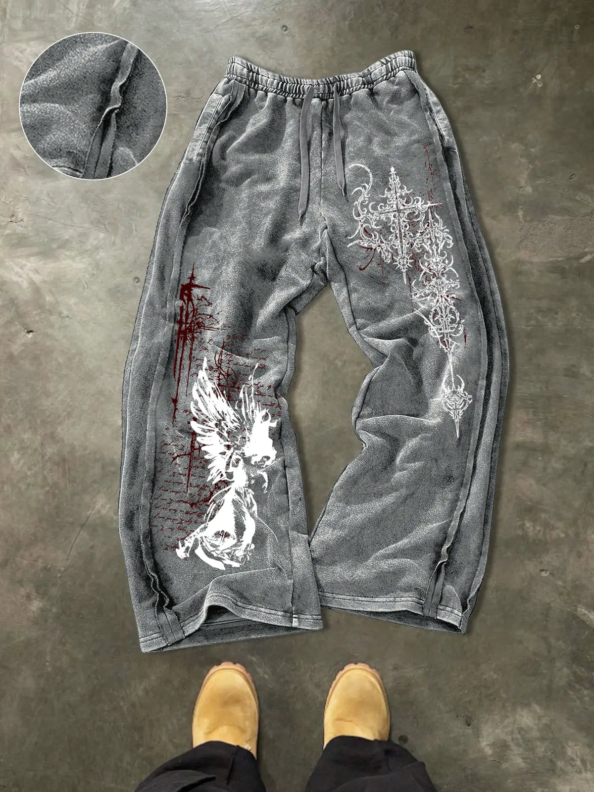 Men's Washed Cotton Sweatpants with Gothic Print, Contrast Side Stitching Detail, Comfortable Casual Pants for Daily Wear & Lounging