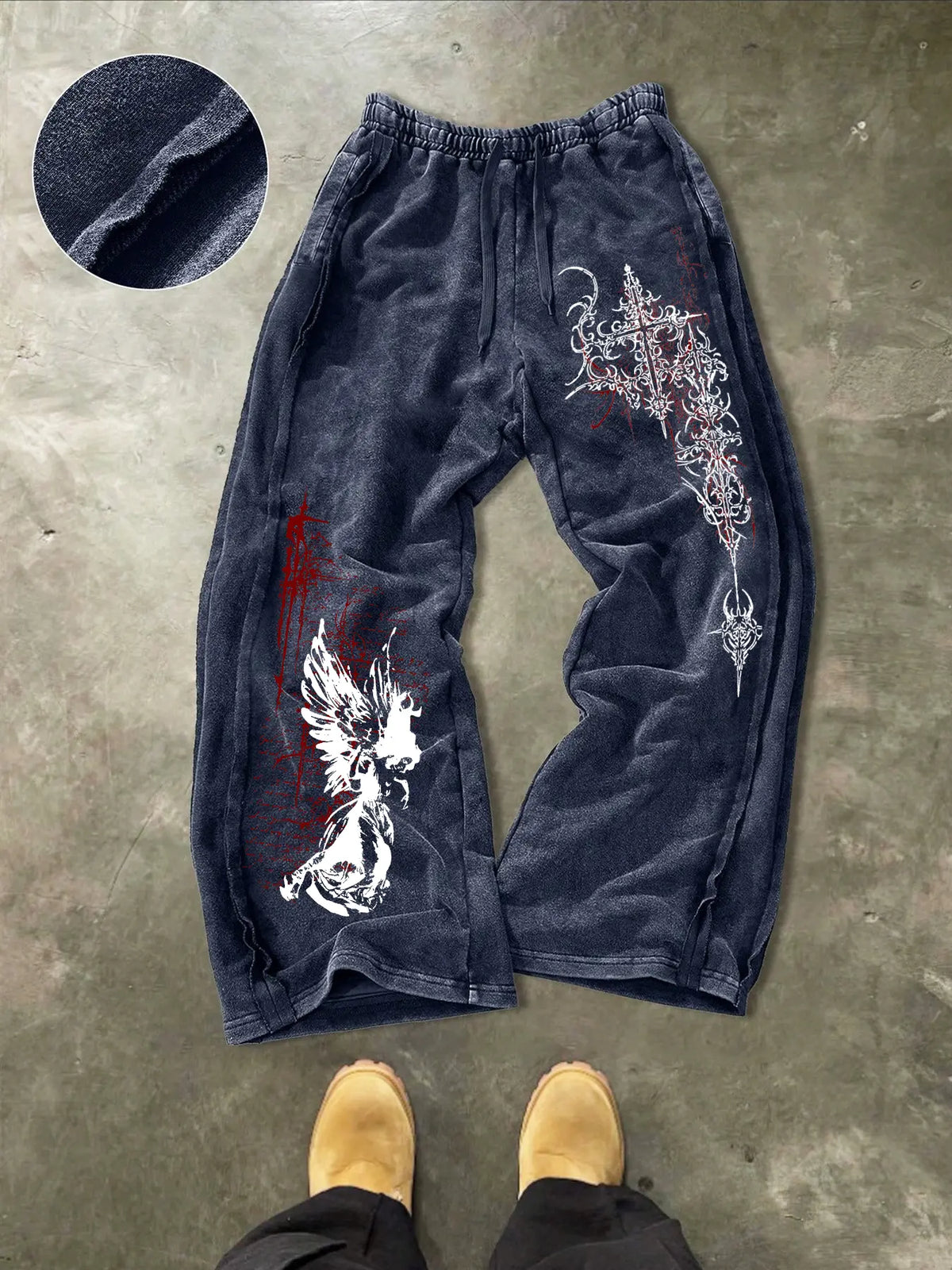 Men's Washed Cotton Sweatpants with Gothic Print, Contrast Side Stitching Detail, Comfortable Casual Pants for Daily Wear & Lounging