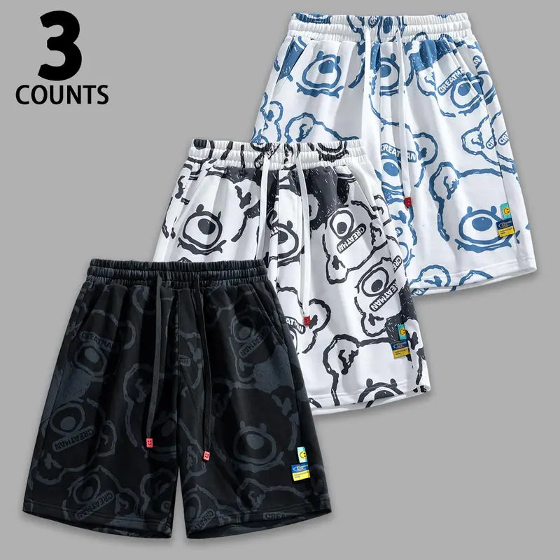 Men's Patterned Sketch Graphic Print Multipack Shorts - Lightweight, Washable Streetwear Outfits Bottoms with Relaxed Silhouette, Knee Above Length for Weekend Strolls, Hangouts