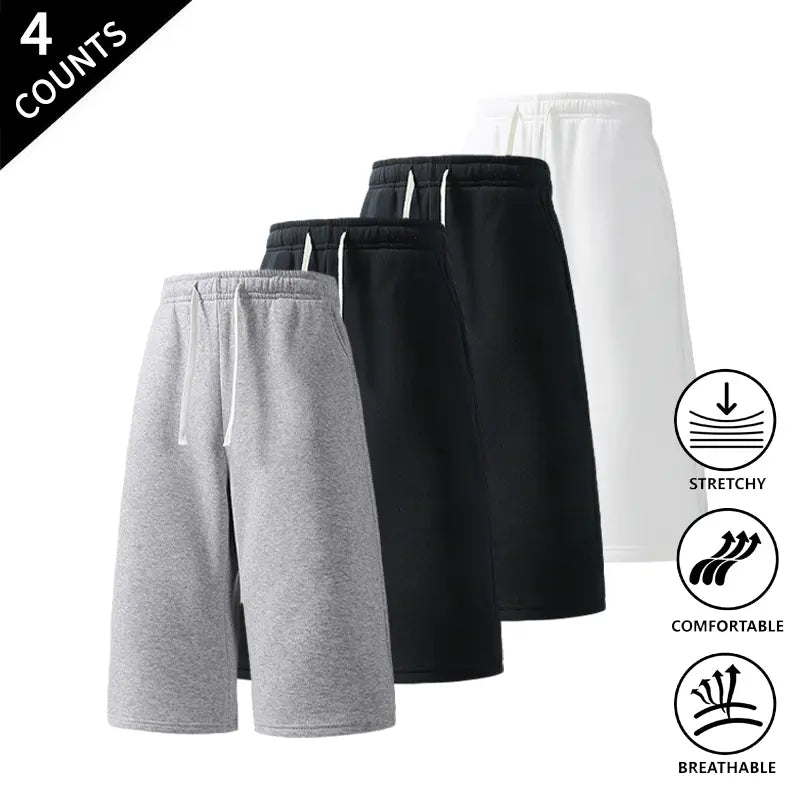 Men's Plain Stretchy Polyester Mid-Calf Cropped Trousers 4-Pack - Activewear Bottoms, Move with Ease, Outdoor Ready for Casual Use - Light Gray, Black, Rose Red, Navy Blue
