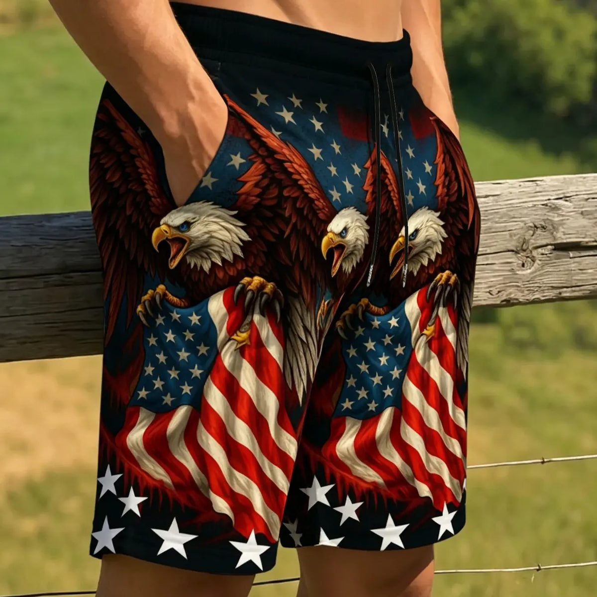 American 250th Anniversary Flame Flag Eagle Men's Casual Summer Shorts, All Over Print, Polyester Comfortable Lightweight, Drawstring Waist, Pocketed, Casual Beachwear, Fashionable