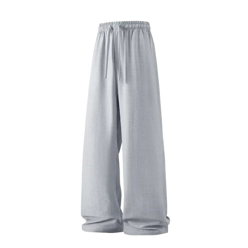 Men’s Retro Summer Lightweight Plain Pants - 100% Polyester, Loose Fit, Drawstring Tie, Breathable, Stylish, Minimalist Design, Belt-Ready for Indoor Gatherings, Outdoor Activities