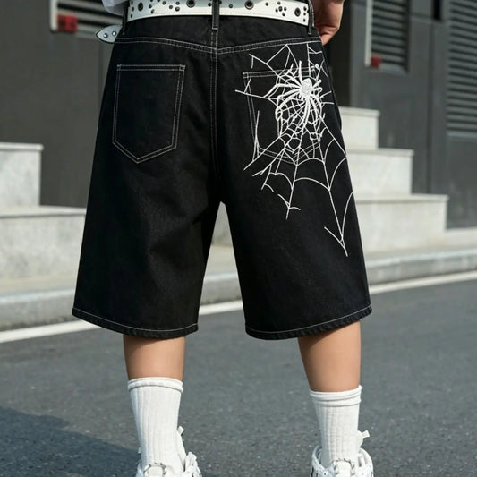 Men's American High Street Spider Embroidery Wide-Leg Denim Shorts, Straight-Leg Capri Pants, Casual Streetwear Shorts