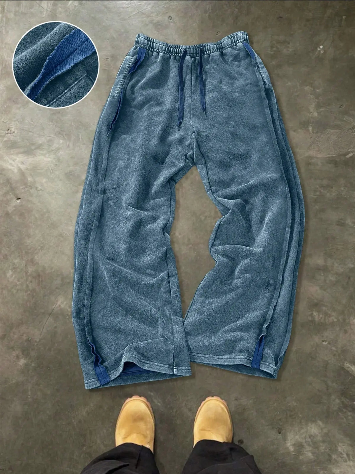 Men's Washed Vintage Hem Side Drawstring Oversized Baggy Wide Leg Sweatpants, American Retro Flowy Loose Fit Straight Leg Long Pants, Relaxed Pants, Trouser, Street Pants