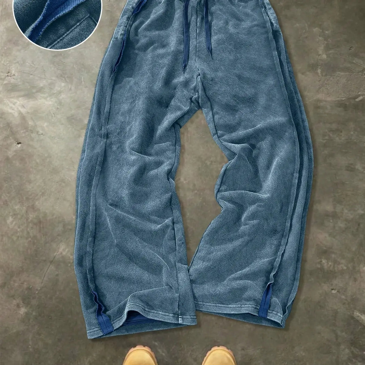 Men's Washed Vintage Hem Side Drawstring Oversized Baggy Wide Leg Sweatpants, American Retro Flowy Loose Fit Straight Leg Long Pants, Relaxed Pants, Trouser, Street Pants