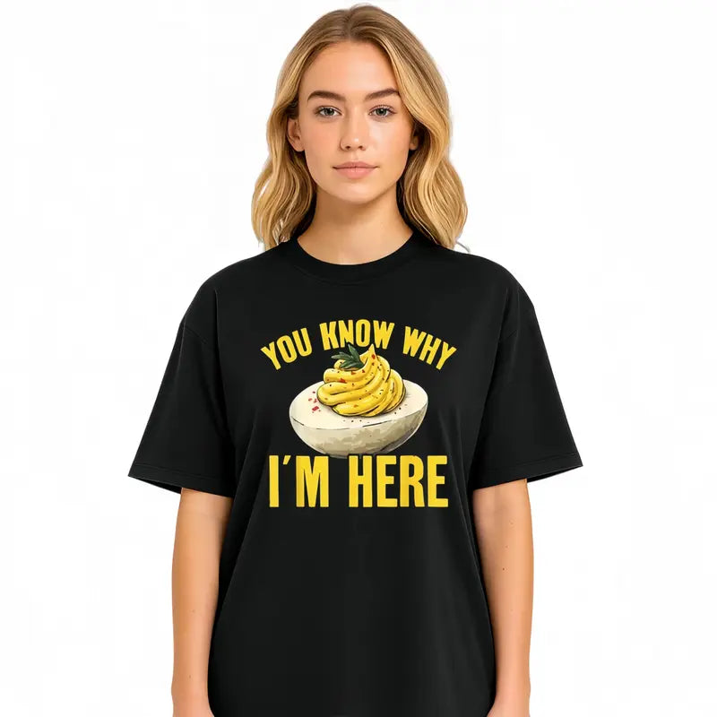 Cotton Tee Retro Thanksgiving Dinner You Know Why I'm Here Deviled Egg T-Shirt Black Crewneck Menswear Top Short Sleeve Streetwear