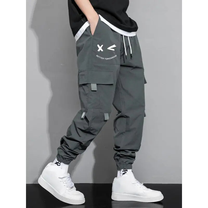 Men's Cartoon Face & Letter Print Drawstring Waist Cargo Pants, Casual Regular Fit Utility Jogger Bottoms, Men's Trousers for All Seasons, Pants for Men, Mens Pants, Pants for Men Menswear Grey