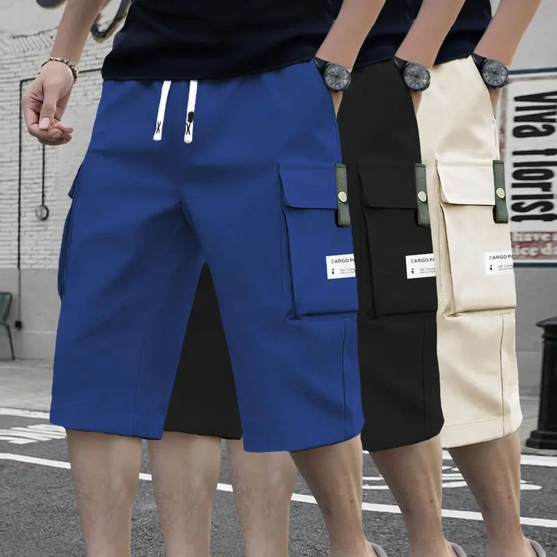 Men's Plain Street-Style 3-Piece Bermuda Drawstring Jorts Set (Black-Gray-Khaki), Relaxed Fit, Lightweight Fabric, Large Pockets, Athletic Menswear, Easy to Style, Ideal for Hot Weather & Outdoor Use, Drawstring Jorts Men's Shorts