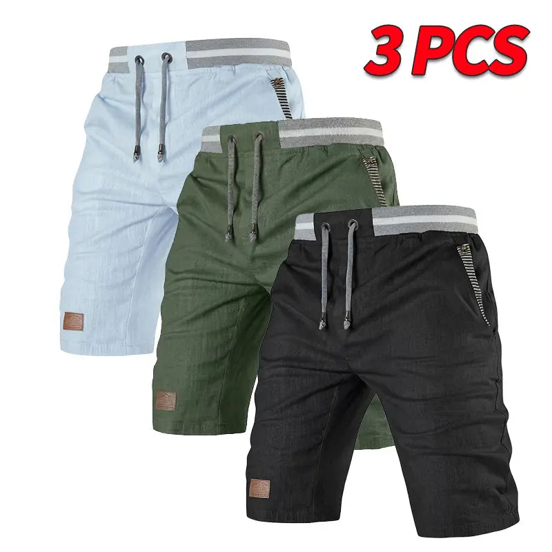 Men’s Classic Relaxed High Waist Quick-Dry Bermuda Shorts 3-Pack - Soft, Breathable, Wear-Resistant Fabric, Adjustable Elastic Waistband with Drawstring, Striped Pockets, Leather Patch, Contrast Binding, Fashion Menswear Basics for Outdoors, Commuting