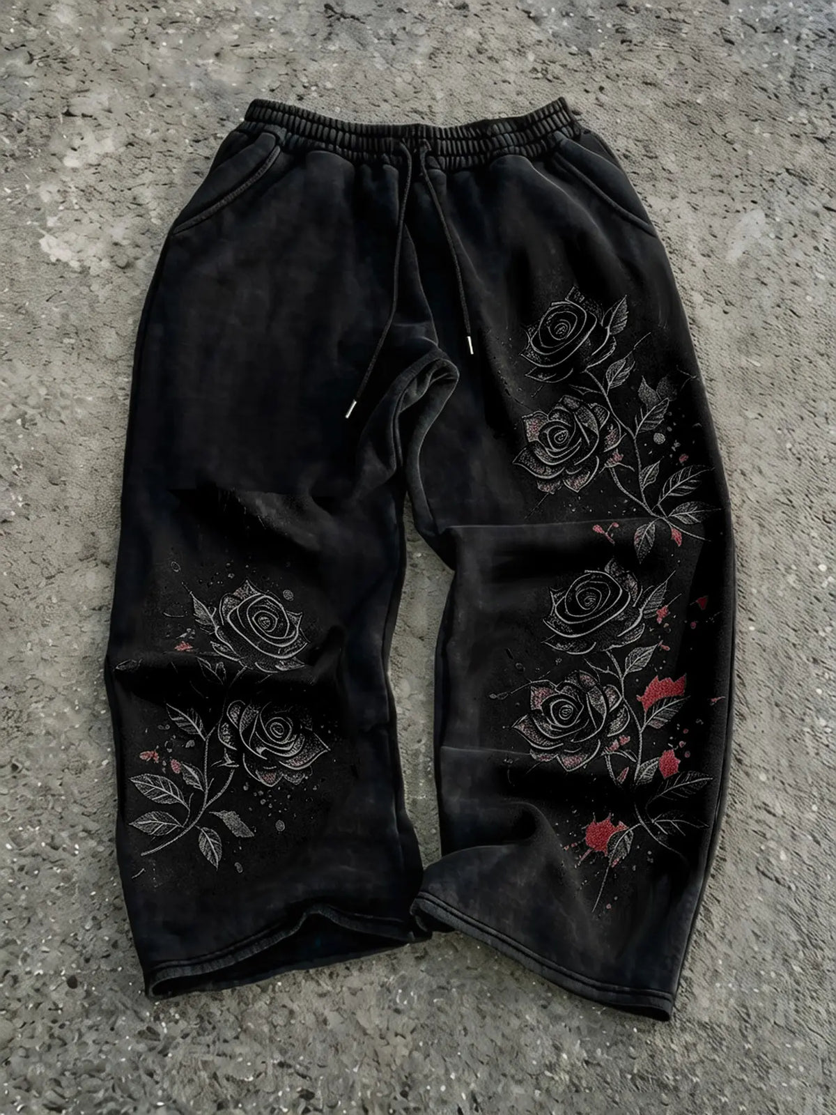 Men's Y2K Gothic Rose Print Long Pants, Casual Wide Leg Pants, All Seasons Wear, Casual Trouser