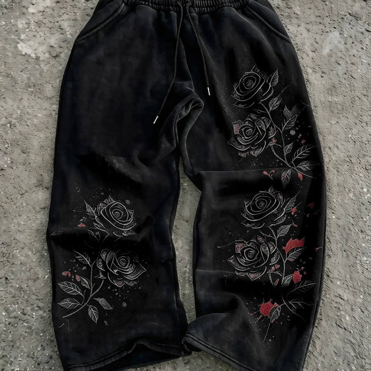 Men's Y2K Gothic Rose Print Long Pants, Casual Wide Leg Pants, All Seasons Wear, Casual Trouser