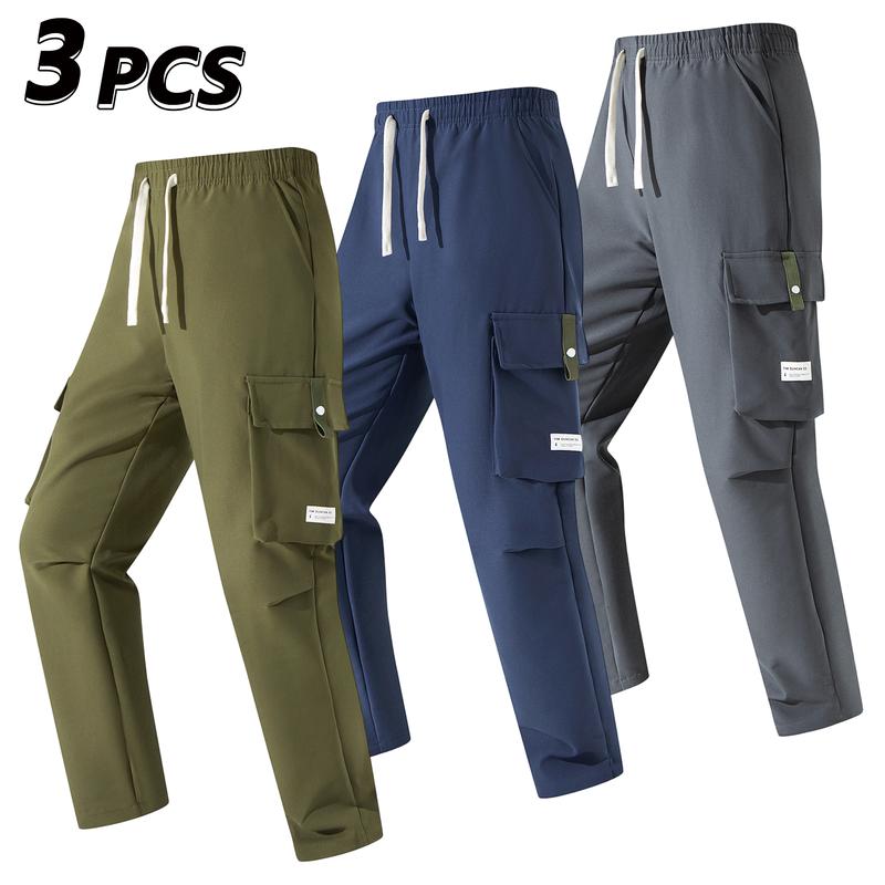 Men’s Cargo Pants - Menswear, Plain Basic Minimalist Polyester, Drawstring Elastic Waistband, Multiple Pockets, Versatile for Spring Autumn Everyday Casual Back-to-School Wear