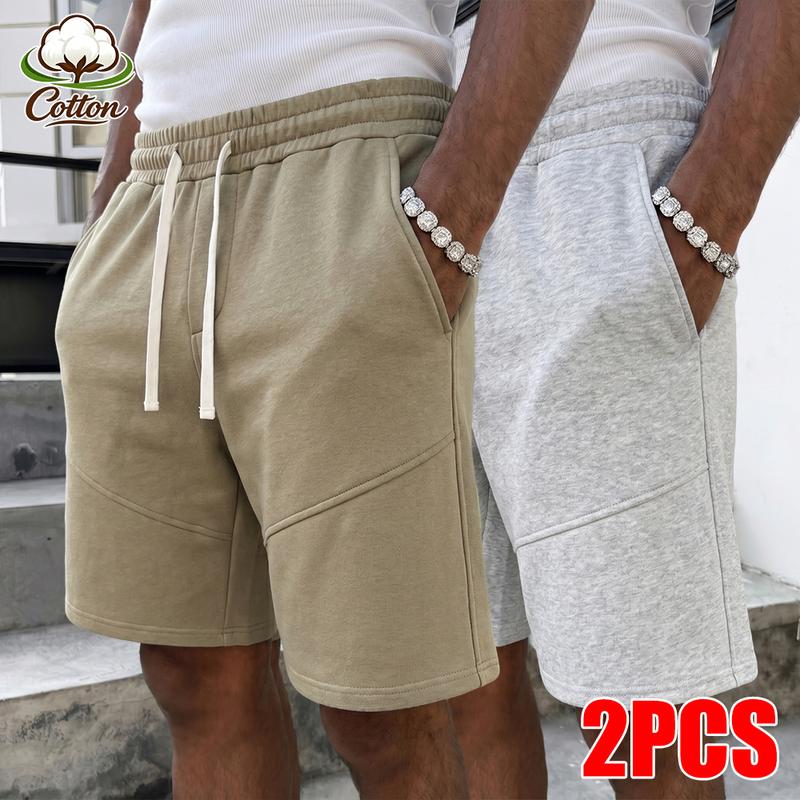Men's 2-Pcs Black + White Cotton Casual Shorts - Stylish Menswear Loungewear, Elastic Waist Drawstring Loose-Fit, Diagonal Seam Design, Pockets for Daily & Sports Wear