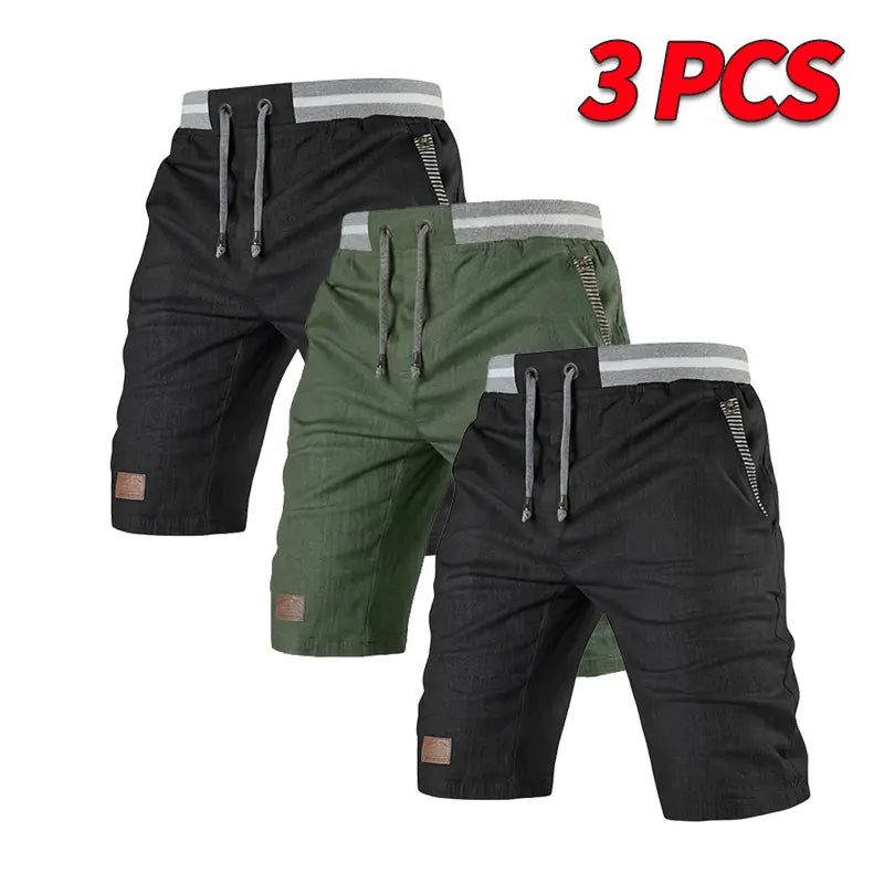 Men’s Classic Relaxed High Waist Quick-Dry Bermuda Shorts 3-Pack - Soft, Breathable, Wear-Resistant Fabric, Adjustable Elastic Waistband with Drawstring, Striped Pockets, Leather Patch, Contrast Binding, Fashion Menswear Basics for Outdoors, Commuting