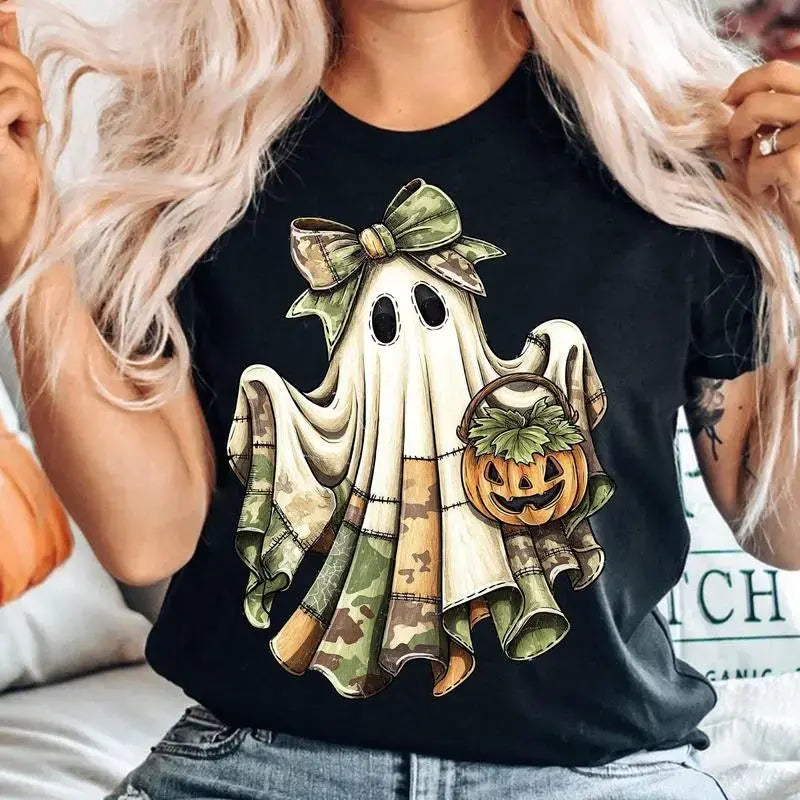 Retro Camo Patchwork Boo‑Ghost Tee