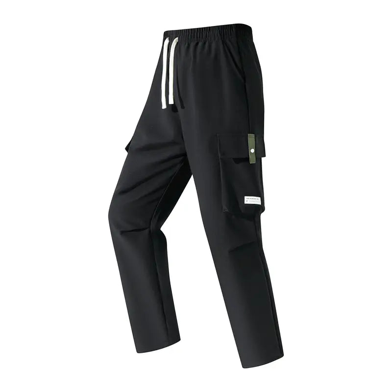 Men’s Cargo Pants - Menswear, Plain Basic Minimalist Polyester, Drawstring Elastic Waistband, Multiple Pockets, Versatile for Spring Autumn Everyday Casual Back-to-School Wear
