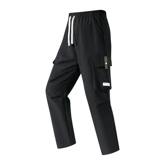 Men’s Cargo Pants - Menswear, Plain Basic Minimalist Polyester, Drawstring Elastic Waistband, Multiple Pockets, Versatile for Spring Autumn Everyday Casual Back-to-School Wear