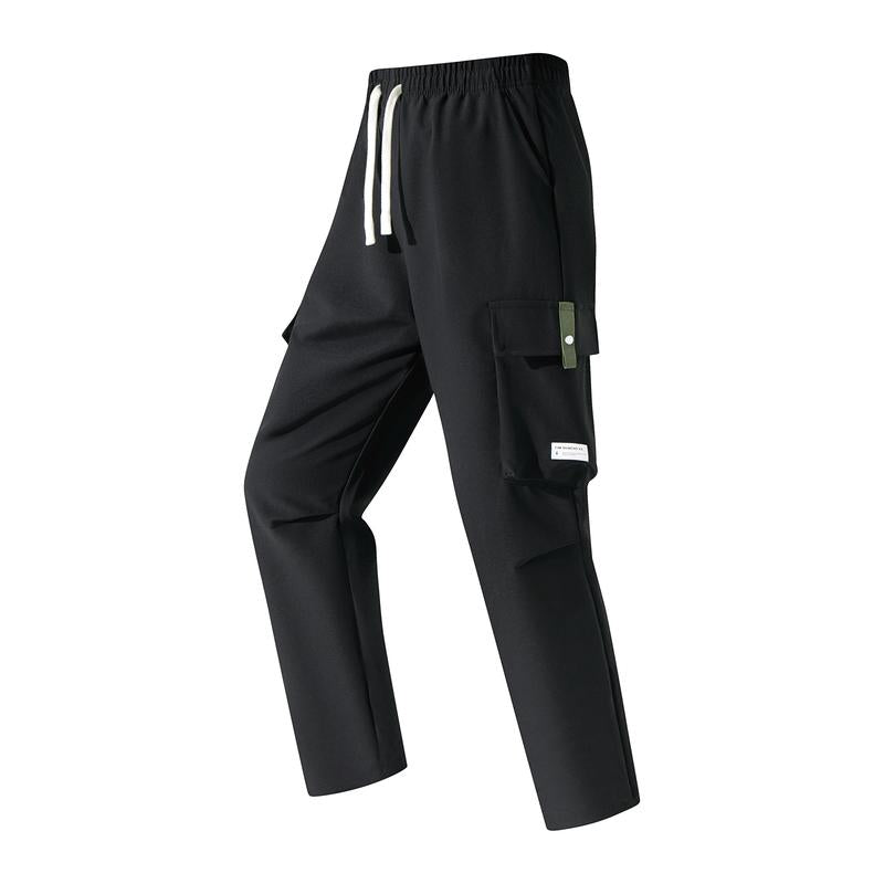Men’s Cargo Pants - Menswear, Plain Basic Minimalist Polyester, Drawstring Elastic Waistband, Multiple Pockets, Versatile for Spring Autumn Everyday Casual Back-to-School Wear