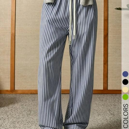 Men's Casual Striped Pants Breathable Cotton Linen Drawstring Elastic Waist Straight Leg Trousers For Men Lounge Work Outdoor