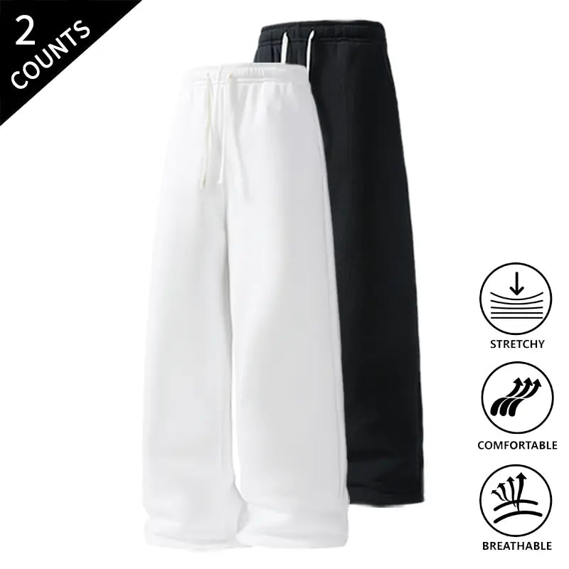 Men’s 2-Pack Baggy Sweatpants - Mid-Waist Plain Casual Straight-Leg Menswear Pants with Drawstring Waist, Comfortable, Stretchable, Breathable, Ideal for Loungewear, Travel