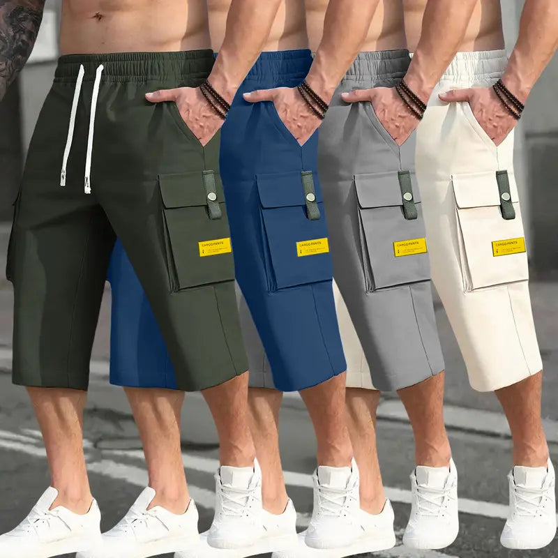 Men's 4-Piece Cargo Pants Set - Casual Comfy Trouser with Fitted Cut, Mid Waist, Drawstring Waist Adapts to Your Fit, Large Pockets for Daily Gear, Letter Patches, Stylish Summer Workwear (Black, Gray, Blue, Khaki)