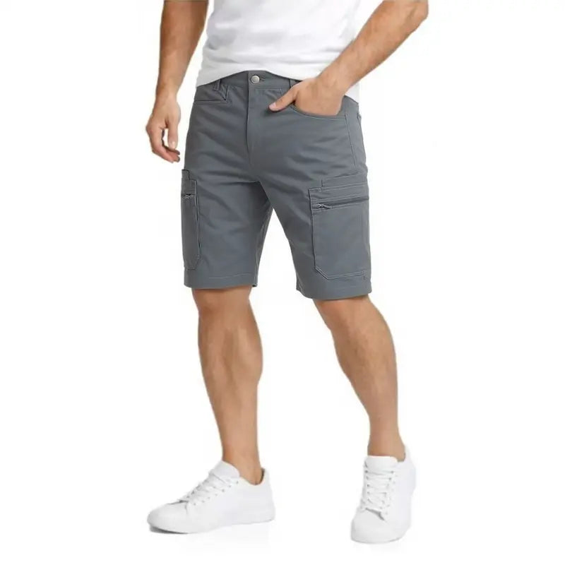 Clean Gent men’s casual cargo shorts with zippered pockets and a buttoned placket—ideal for outdoor hiking, summer leisure, work, golf, and outdoor fun.