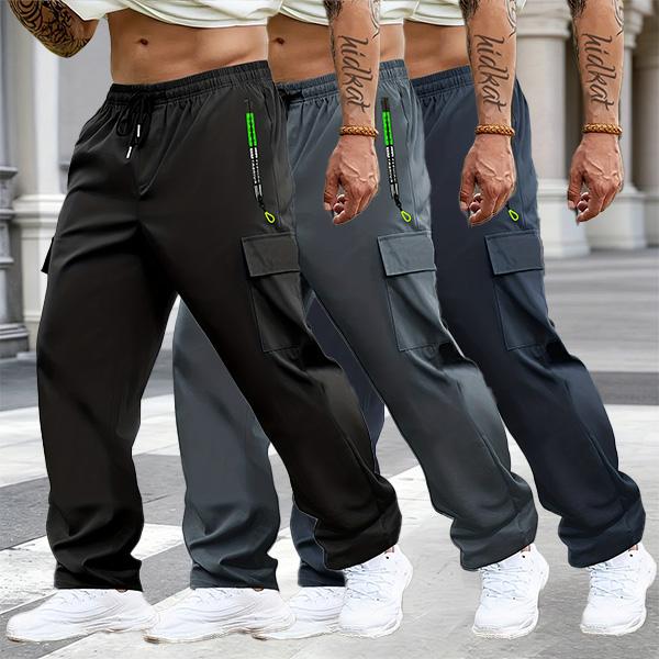 Men's Multi-Pack Cargo Work Pants - Lightweight Stretch Waist Activewear with Multiple Pockets, Comfortable Fit Casual Athletic Men's Wear, Plain Outdoor to Office Menswear