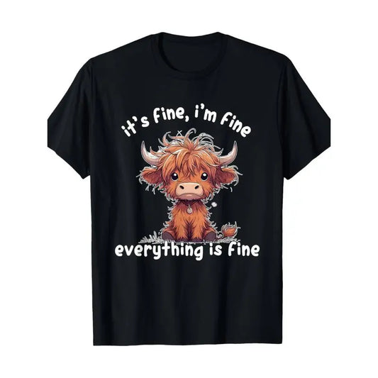 Cotton It's Fine I'm Fine Everything Is Fine Cute Highland Cow T-Shirt, 100% Cotton