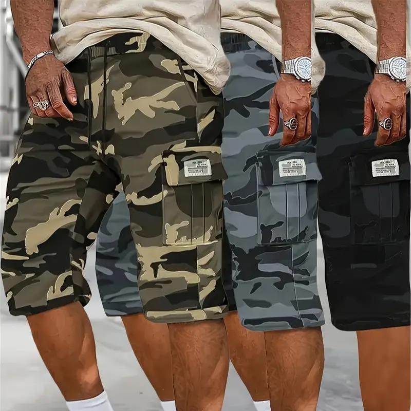 Men's 3-Piece Stylish Camouflage Twill Fabric Pocket Shorts Set - Fitted Cut, Above the Knee, Knitting, Khaki/Green/Black, Breathable Drawstring, Casual Streetwear, Summer Essential Daily Menswear Bottoms