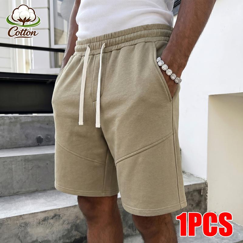 Men's 2-Pcs Black + White Cotton Casual Shorts - Stylish Menswear Loungewear, Elastic Waist Drawstring Loose-Fit, Diagonal Seam Design, Pockets for Daily & Sports Wear